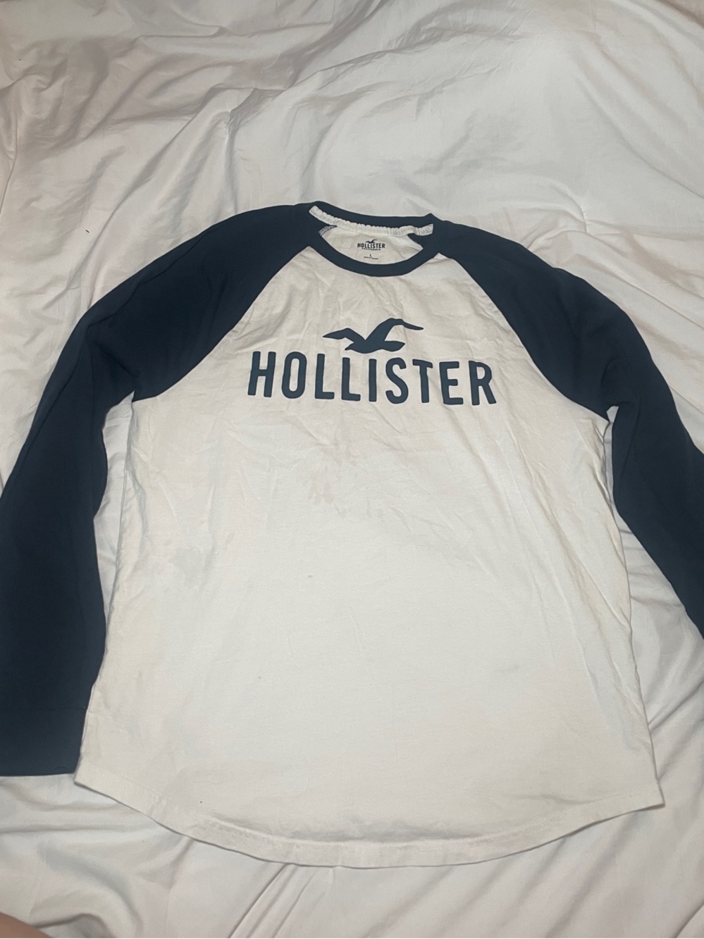Hollister White Tee with Navy Raglan Sleeves
